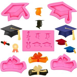 Geiserailie 5 Pcs 2025 Graduation Silicone Mold Set Graduation Kitchen Baking Chocolate Candy Fondant Mold Grad Cap Diploma for Grad Party Cake Cupcake Topper Decoration