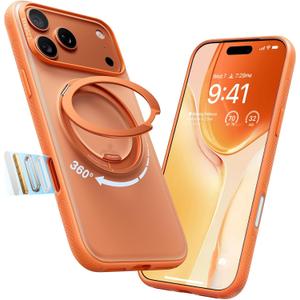TORRAS 360° Magnetic Stand for iPhone 17 Pro Case, [Fit for MagSafe] [Rotatable Ring Kickstand] [4X Mil-Grade Shockproof] Slim Phone Cover, Camera Button, Cosmic Orange, Translucent, Ostand O3 Fitness