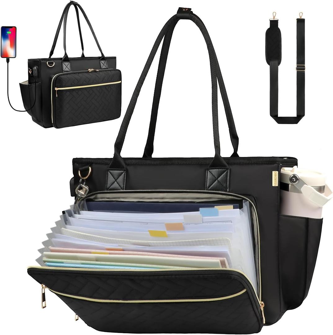 Teacher Tote Bag with Accordion File Folder Pocket& USB Charging Port, Large Utility Work Tote Bag with 15.6 Inch Laptop Compartment& Insulated Pocket for Women School Teacher Nurse (Black)