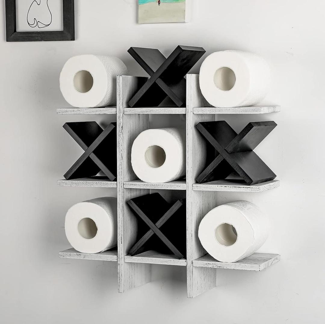 Weysat Tic Tac Toe Toilet Paper Holder Stand Bathroom Wall Decor Rustic Wooden Hanging Storage Freestanding Wall Mounted Shelves Decor for Toilet Tissue Farmhouse (Retro White, Black)