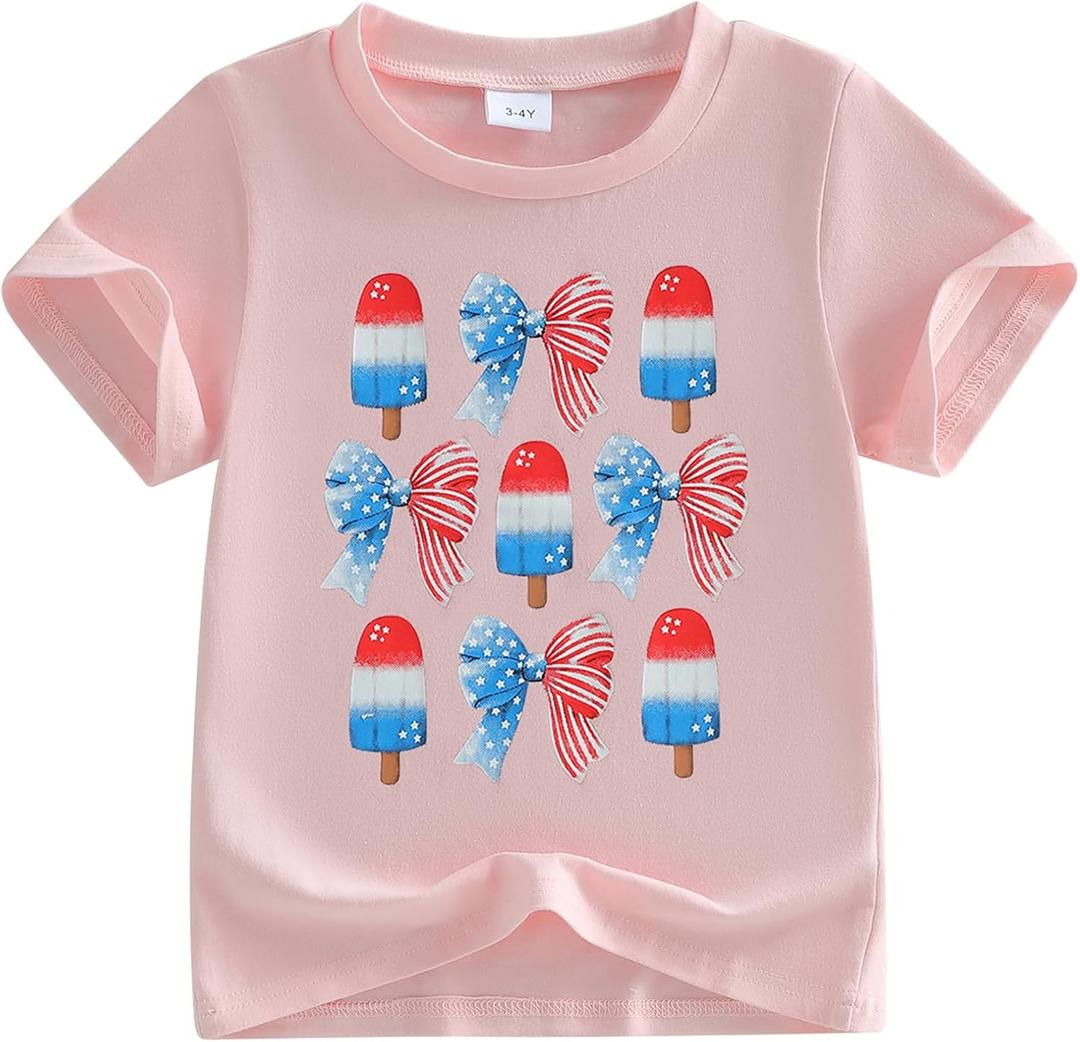 Kids Toddler Girls 4th of July T-Shirt Short Sleeve Patriotic Coquette Bow American Flag Independence Day Top (Pink Ice Cream), 1-2Y