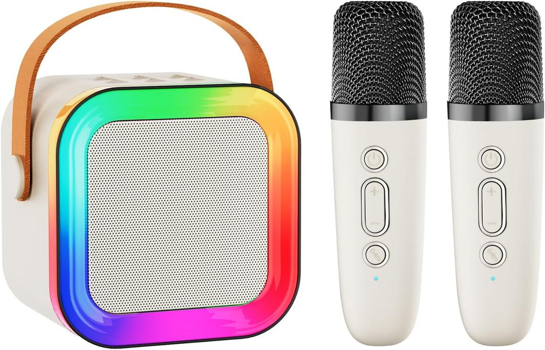 Mini Karaoke Machine Speaker for Kids Adults, Portable Bluetooth with 2 Wireless Microphones, Christmas Birthday Gifts Toys Girls Boys Ages 4, 5, 6,7, 8,9,10,11,12+ Years Old Toddler (Off-White - 2 Mic)
