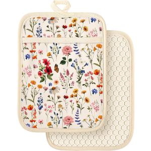 Slohif Silcone Flowers Pot Holders for Kitchen - 100% Cotton Beige Cute Oven Potholders with Pockets, Heat Resistant Square Thick Hot Pads, House New Home Baking Baker Gifts,2pack