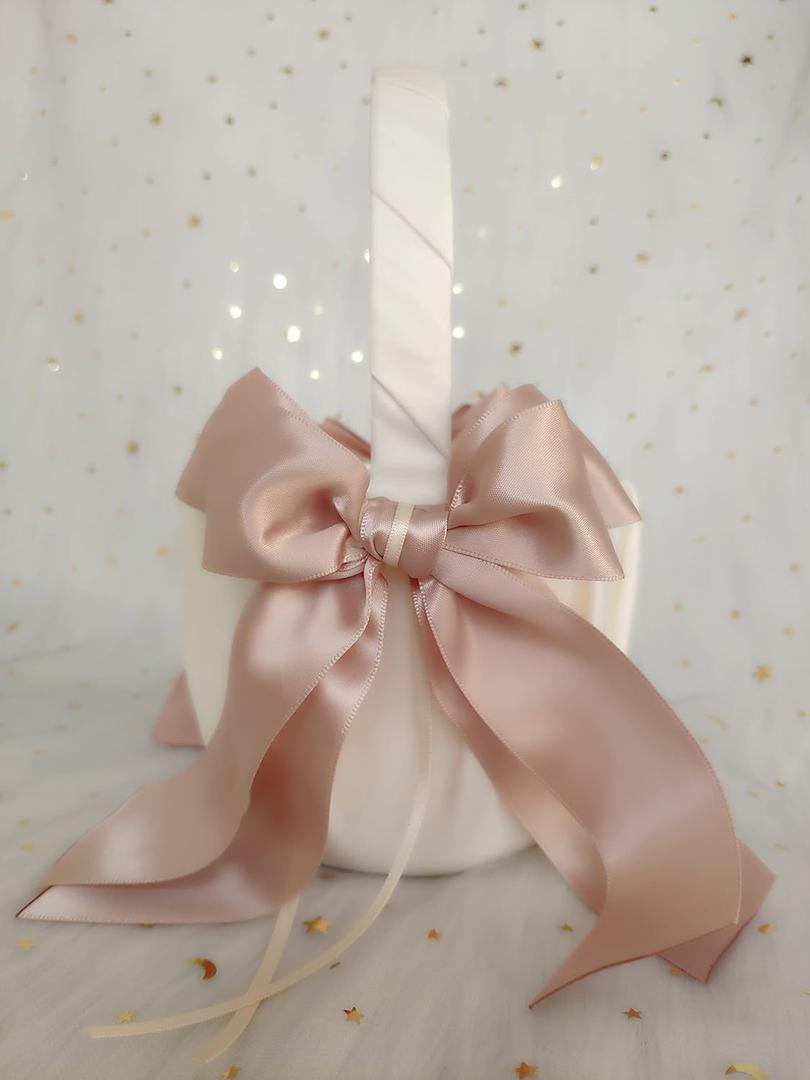 White Flower Girl Basket with Pink Double Ribbon Bow Dcor for Wedding Ceremony Vow Renewal Baby Shower Party Favor (Basket)