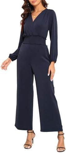 YUNDAI Womens Jumpsuit Fall Long Sleeve V Neck Casual Loose One Piece Outfits Wrap Waist Pants Long Romper with Pockets, Navy, S
