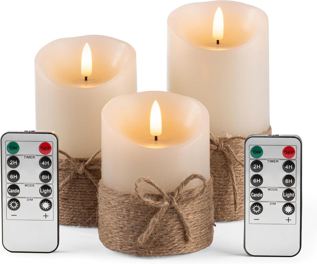 AKU TONPA Flameless Candles Battery Operated Pillar Real Wax Electric LED Candle Gift Set with Remote Control and Timer, 4" 5" 6" Pack of 3 (Ivory Wax with Hemp Rope)