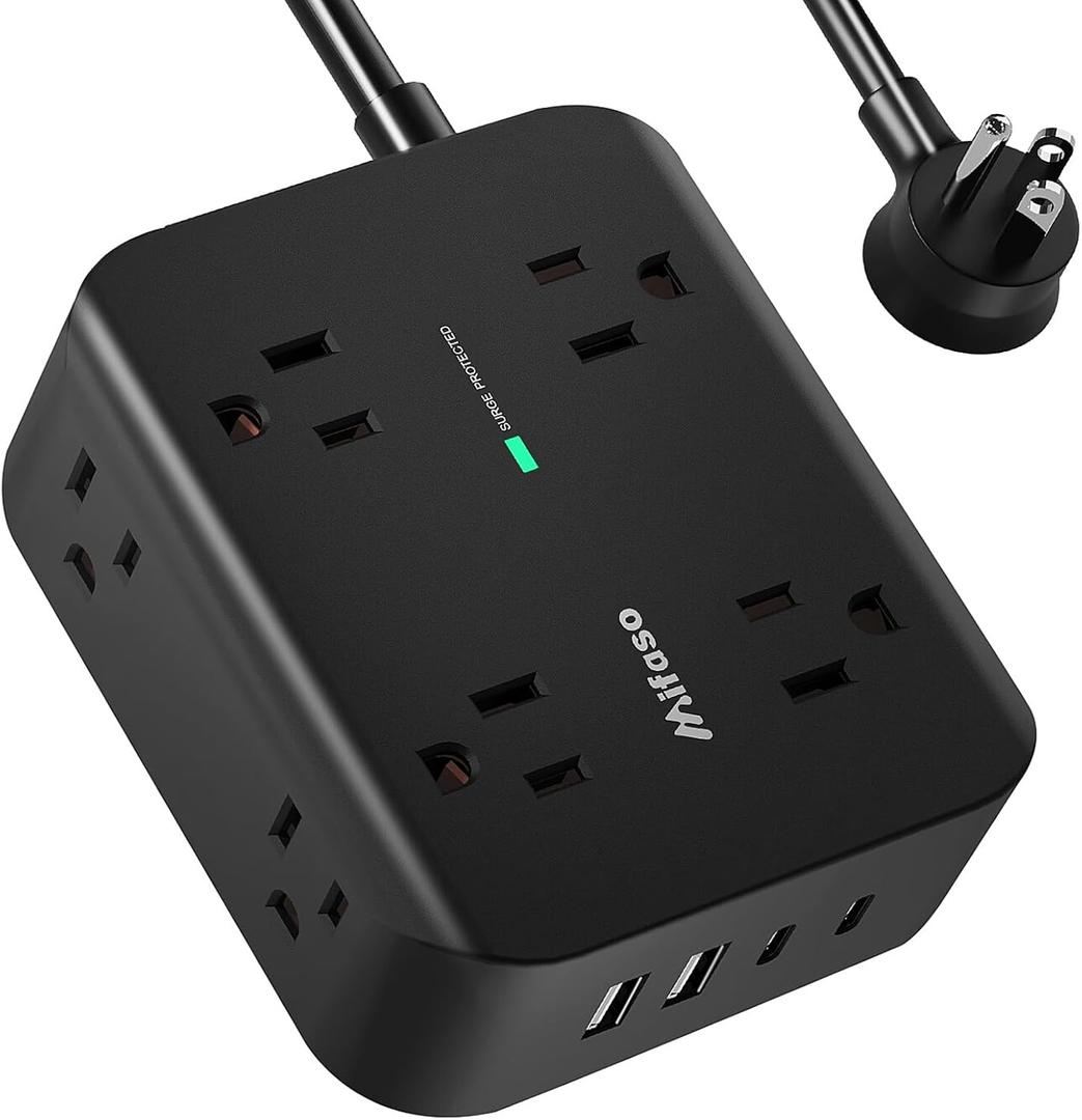 Extension Cord 20 FT, Surge Protector Power Strip with 8 Wide Outlets 4 USB Ports, Flat Plug, Mounted, Overload Protection, Indoor Home Office Apartment Dorm Room Essentials (Black)