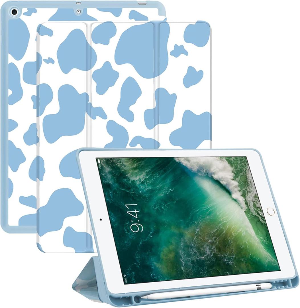 Compatible with iPad 9th/8th/7th Generation Case(2021/2020/2019),10.2 inch with Pencil Holder, Auto Sleep/Wake Cover for Girls Women-Blue Cow Pattern Western