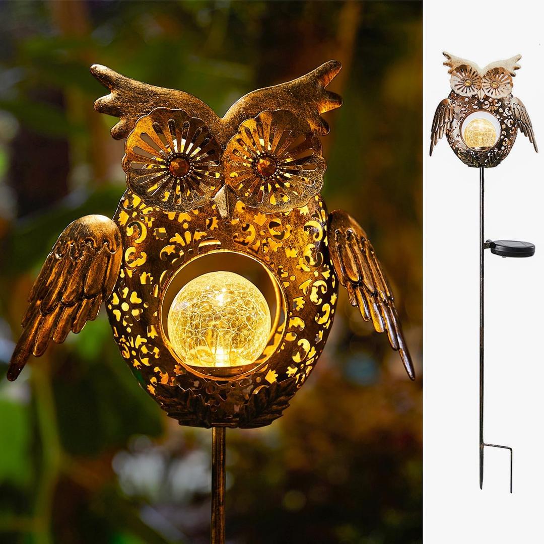 Go2garden Solar Lights Outdoor Owl Garden Gifts Mom Metal Stakes Lights for Lawn Ornaments, Yard Art, Pathway Decorations,Birthday Mothers' Day Gift for Grandma Wife (Bronze)