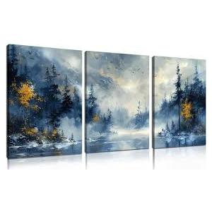 Forest Pictures Wall Art for Office - Modern Blue Canvas Art Wall Decor