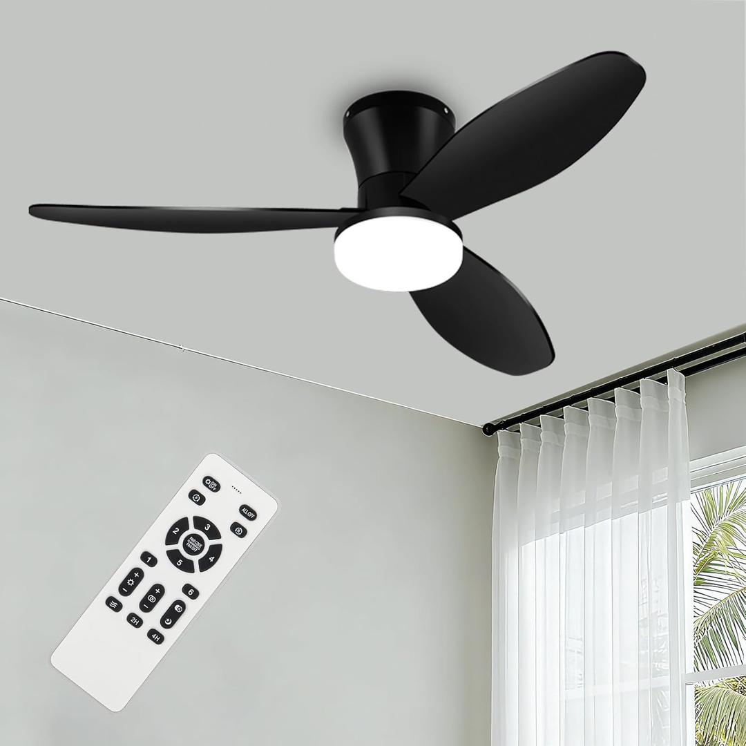 Small Ceiling Fan with Light - 42 Inch Flush Mount Ceiling Fan with Lights and Remote, Low Profile Ceiling Fans with 3 Reversible Blades, 6 Wind Speeds, Black Ceiling Fans for Bedroom