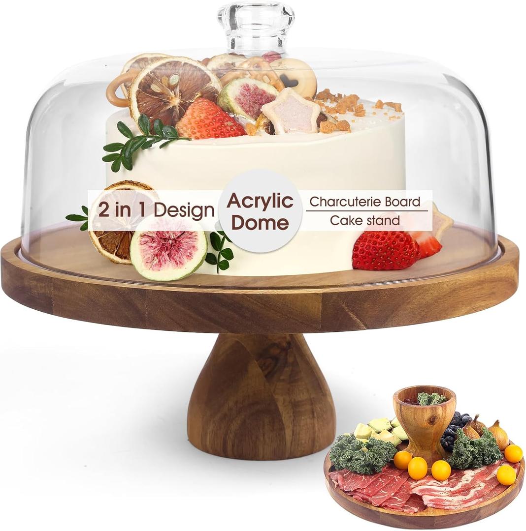 Acacia Wood Cake Stand with Lid, 12in Round Cake Holder, 2-in-1 Cake Plates with Acrylic Dome, Dessert Table Display Set for Party Birthday Kitchen Wedding