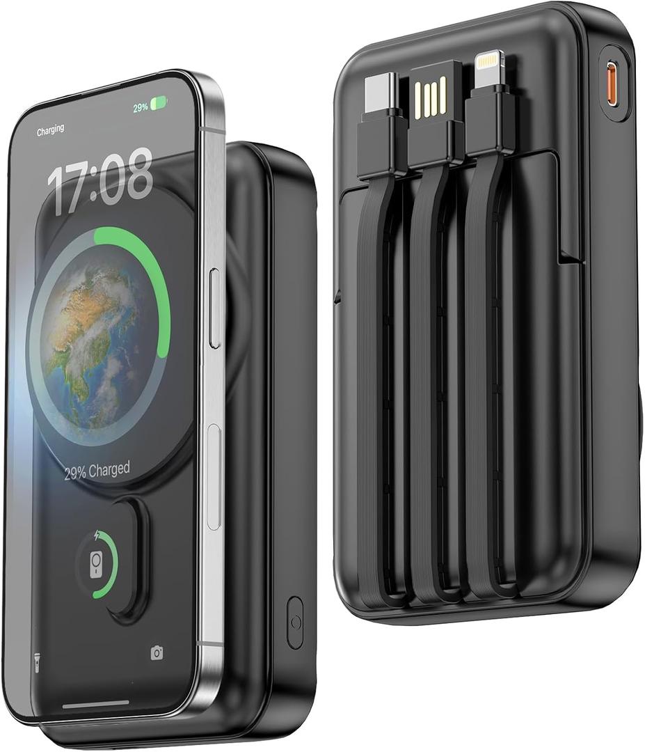 Essri Wireless Magnetic Power Bank 10000mAh,Portable Charger with Built in Cable, PD 22.5W Fast Charging for Magsafe Battery Pack with Stand for iPhone 16/15 /14/13 /12 Series, 1Pack-Black