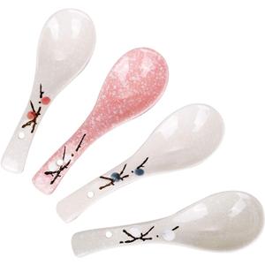 VanEnjoy Set of 4 Chinese/Japanese Ceramic Soup Spoons, Pink Cherry Blossom in Snow Pattern Ceramic Spoon Suitable for Soup