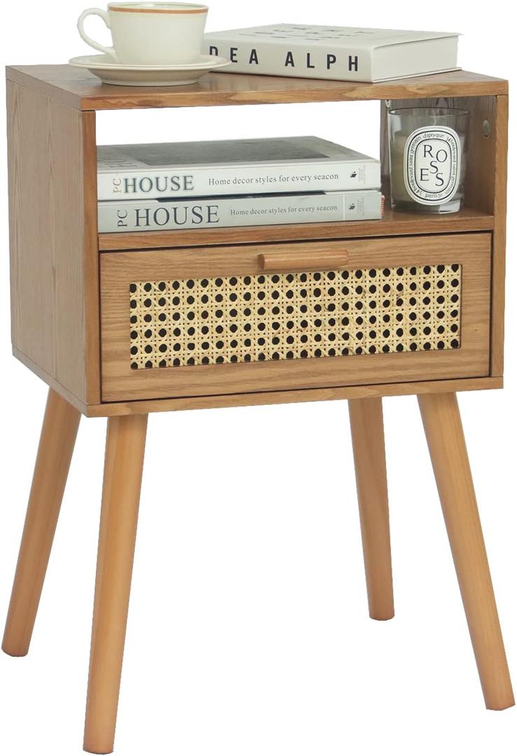 MaxSmeo Mid Century Modern Nightstand with Drawer, Small Nightstand Bedside Table, Rattan Nightstand, Wood End Table for Bedroom, Living Room (Brown) (Top-brown Walnut)