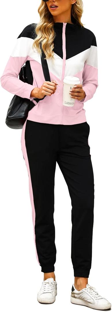 Marvmys Women's Tracksuit Set 2 Piece Sweatsuit Outfits Long Sleeve Zip Up Lounge Jogger Set with Pocket (Large, Pink)
