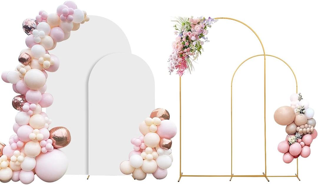 SuuWoee Arch Backdrop Stand Set of 2 With Cover (7.2FT+6FT) Gold Metal Wedding Arch Balloon Stand With Cover for Birthday Party Baby Shower Graduation Ceremony Decoration