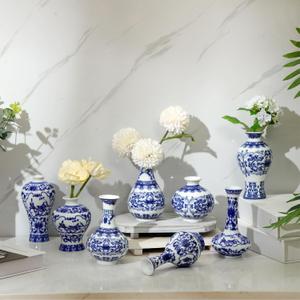 Dandat 8 Pcs Mini Chinoiserie Bud Vases Ceramic Blue and White Floral Chinese Porcelain Vase Set for Shelf Table Centerpieces Home Decor(Fresh)