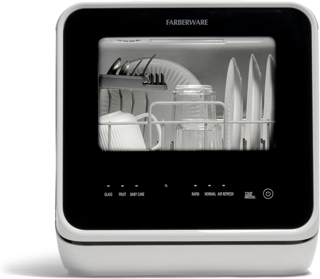 Farberware Portable Countertop Dishwasher with 5-Liter Built-in Water Tank - 5-Program System for Home, RV, and Apartment - Wash Dishes, Glass, and Baby Products (Black/White)