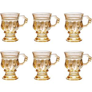 Turkish Tea Glasses Set of 6 - Moroccan Tea Glasses with Handle - 5 oz Espresso Cups - Footed Glass Coffee Mugs for Cold Beverages Drinks (Amber)