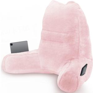 Sasttie Reading Pillow for Bed - 23 Inch, Large Back Pillow for Bed Sitting Up, Back-Rest Support Cushion for Adults with Side Pockets and Arms, Dorm Essentials, Oeko-Tex Certified, Light Pink