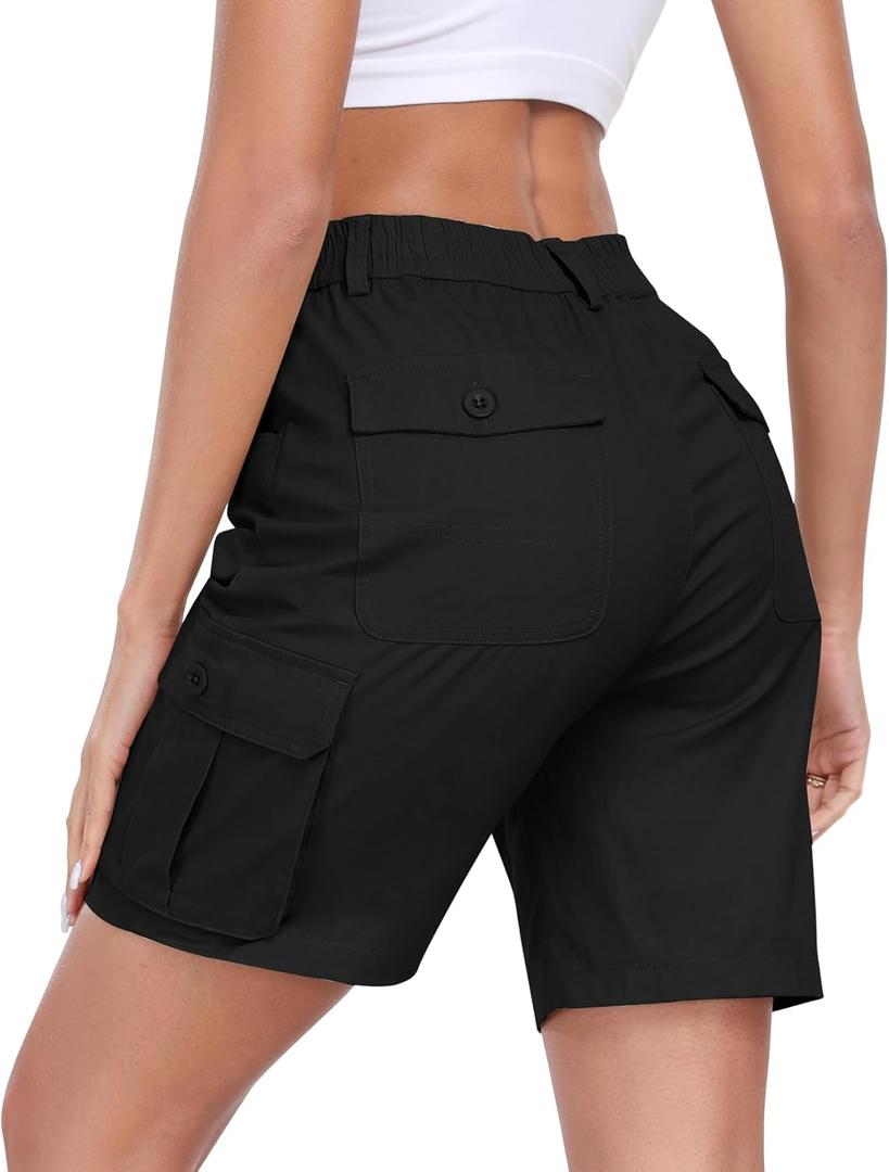 MoFiz Women's Cargo Shorts Bermuda Shorts Button Pockets Elastic Waist Knee Length Long Hiking Casual Shorts for Summer, M