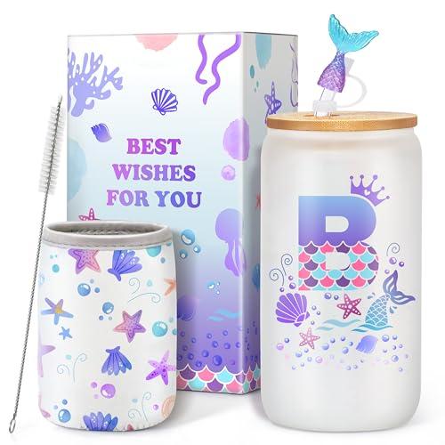 Clexela Birthday Gifts for 4 5 6 7 8 9 10 11 12 Year Old Girls Monogrammed Initial Glass Cups,16oz Glass Cups with lid and straw, Personlized Valentine Mermaid Gifts for Kids Girls Purple B