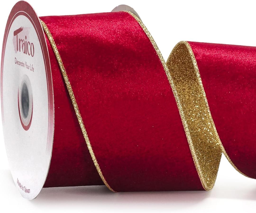 2.5" Red Velvet Gold Glitter Backing Wired Ribbon 10 Yards for Christmas Wedding Wreath Gift Wrapping Home Dcor DIY