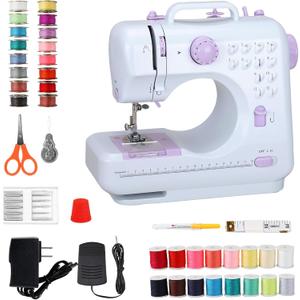 Mini Sewing Machine for Beginners, Portable Electric Sewing Machine with Dual Speed, 12 Built-in Stitches, Foot Pedal, and Accessories Kit for Home DIY Projects & Gift (White and Light Purple)