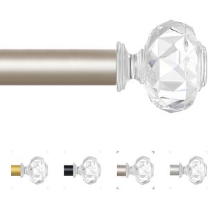 Champagne Gold Decorative Crystal Curtain Rods:66-120 Inch Heavy Duty Adjustable Window Curtain Rods for Bedroom Living Room,Modern Girly Acrylic Drapery Pole Set with Sheer Bling Diamond Finial
