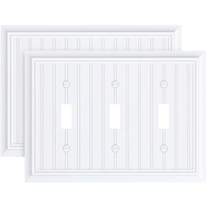 2-Pack Classic Beadboard Triple Toggle Light Switch Cover Plate, Durable Natural Bamboo Fiber Decorative Switch Plate Covers, Pure White 3 Gang Wall Plate, Corrosion Resistant
