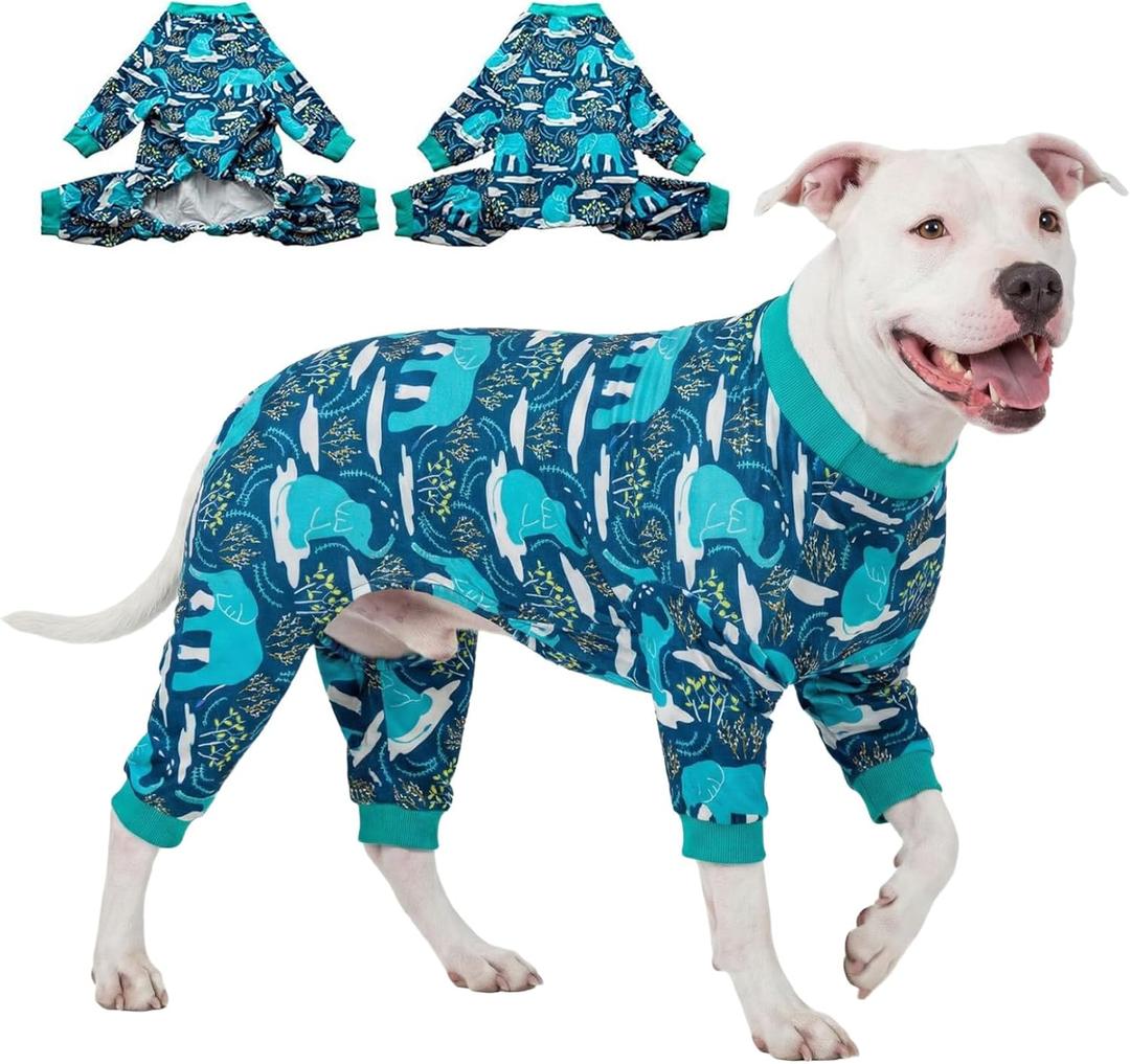 LovinPet Large Dog Clothes, Pet Anxiety Relief, UV Protection, Large Breed Dog Pajamas, Lightweight Stretchy Knit Fabric Onesie, Blue Elephant Print Weimaraner Jammies, Pet PJ's/XL
