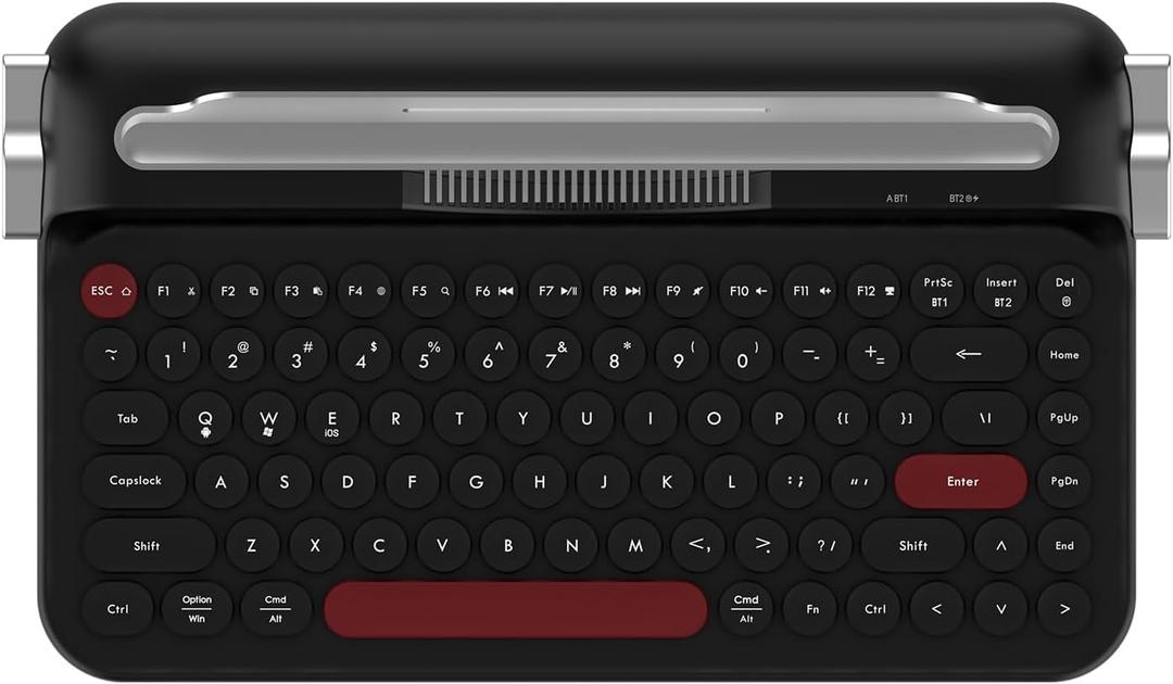 Ajazz AF84 Wireless Membrane Silent Typewriter Keyboard, Bluetooth/2.4G Dual-Mode Connection, Cute Retro Aesthetic Design with Integrated Stand for Tablet, Phone, PC and Win/Mac/Android Black