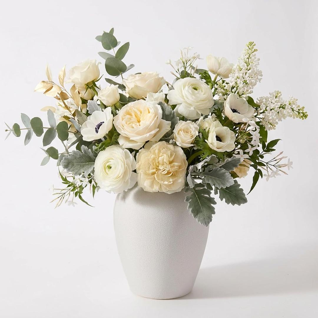 DN DECONATION Flower Vase, White Ceramic Vases for Home Decor, 7.4 Textured Surface Vase for Bouquet, Boho Farmhouse Decor for Table, Living Room Wedding Women Spring Aesthetic