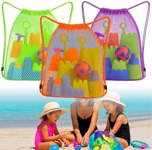 Palksky Beach Toys Bag, 3Pack Mesh Drawstring Sand Toy Bags, Backpack Shell Bags for Beach, Sandbox Toy Bag with Toddler Must Haves, Beach Vacation Essentials for Kids, Toy Not Included 3 pack