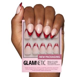 Glamnetic Press On Nails - Red Affair | Short Almond Red Glitter French Tip Fake Nails with a Glossy Finish | 15 Sizes - 30 Nail Kit with Glue