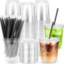 50PCS 12 oz Round Bottom Plastic Cups with Lids and Black Straws, Clear To Go Iced Coffee Smoothie Juice Cups, Disposable Cold Drink Bubble Tea Party Cups for Catering, Christmas, Birthdays, Takeout