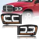 LED DRL Headlights Assembly for 06-08 Dodge Ram 1500 2500 3500 Left and Right Side Replacement Headlamp Amber Reflector Black Housing