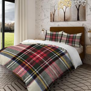 Batmerry Scottish Tartan King Size 3 Pieces Bedding Comforter Sets,Soft Fluffy Square Green Wool Plaid Pattern Printed PolyesterDuvet Cover for All Season
