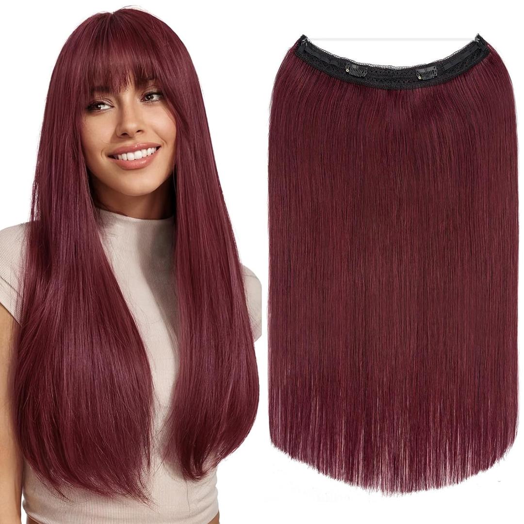 Elailite Halo Hair Extensions Real Human Hair for Women Burgundy Clip in Remy Hairpiece with Adjustable Invisible Wire 14 Inch 60G