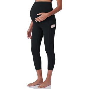 POSHDIVAH Women's Maternity Workout Leggings Over The Belly Pregnancy Yoga Pants with Pockets Soft Activewear Work Pants (Medium, Capri Black)