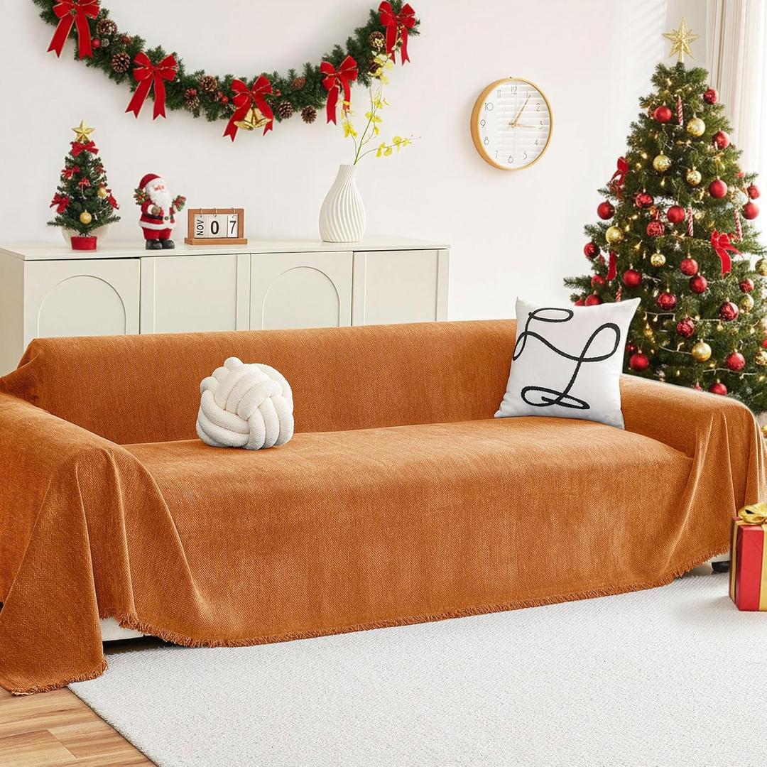 hyha Couch Cover for Dogs, Boho Sofa Covers for 3 Cushion Couch Washable, Chenille Sofa Slipcover for Pets, Soft Loveseat Sectional Couch Throw Blankets with Tassels (Orange, 71x118 Inch)