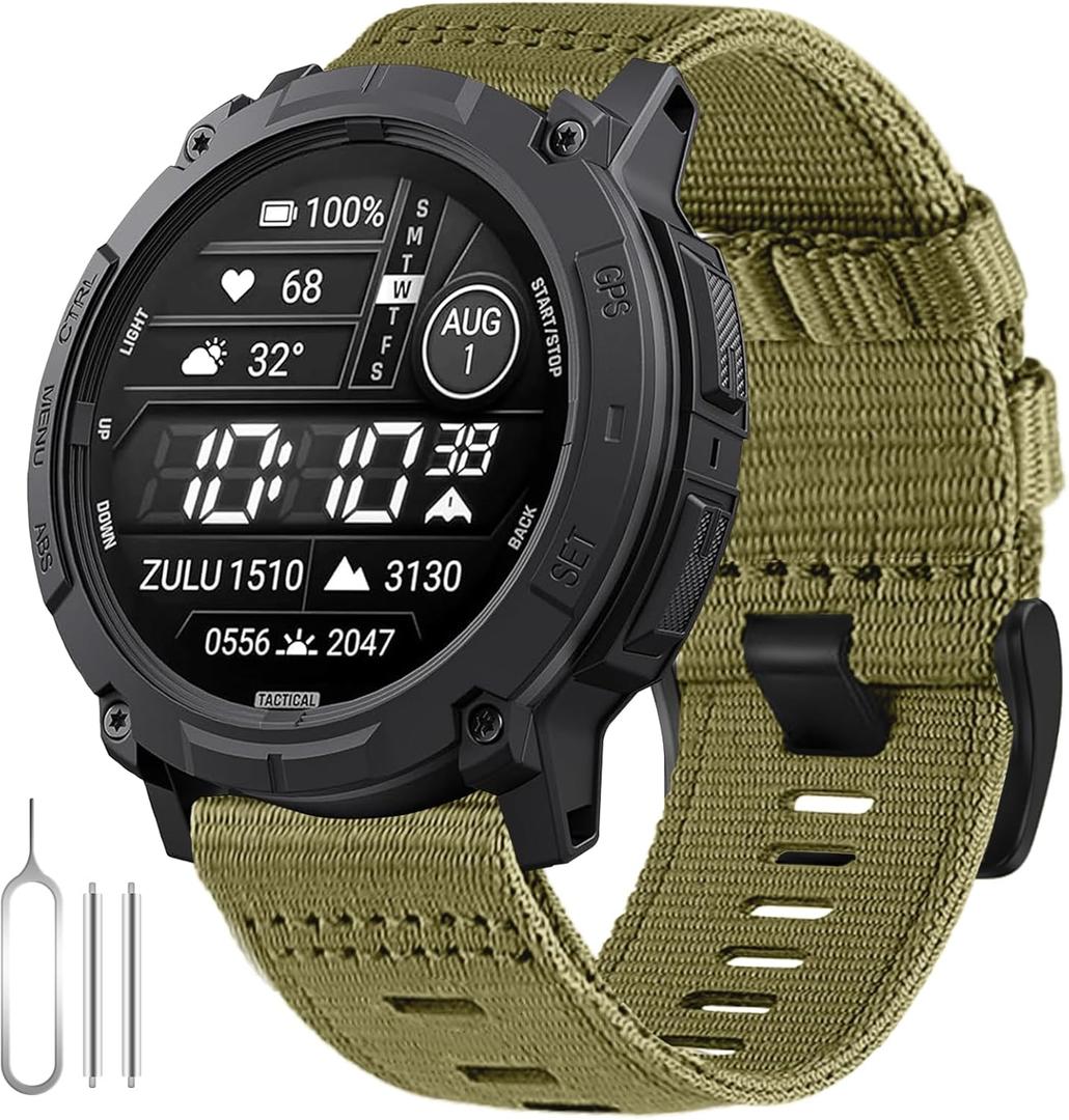 Rugged Tactical Nylon Band for Garmin Instinct/Instinct 2 Watch Band, Military Sport Strap for Instinct3 45mm Replacement Watch Strap Compatible with Garmin 22mm Instinct2 Tactical/Tide/Esports/Solar (J-Army Green)