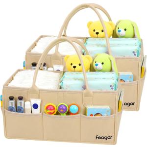 Feagar Baby Diaper Caddy Organizer, 15 Inch Large 2 Pack Set with 8 Pockets & 2 Dividers, Portable Nursery Storage Basket & Car Organizer for Changing Table, Travel (Khaki)