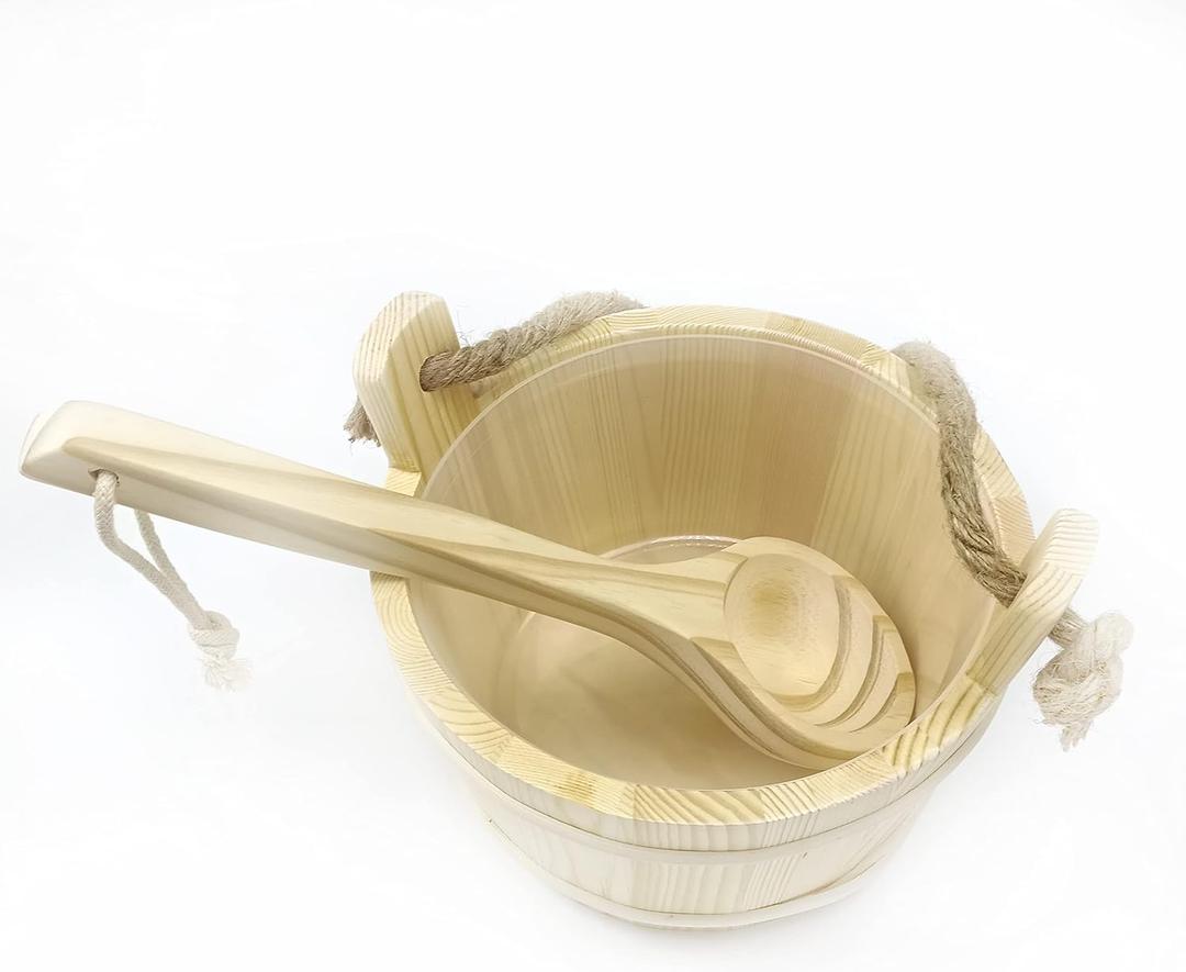 HJJKKH Sauna Bucket Ladle Set-Sauna Accessories with Handmade Wooden Bucket Ladle Plastic Liner Rope Handle for Sauna Steam Room (Rope Handle-1)