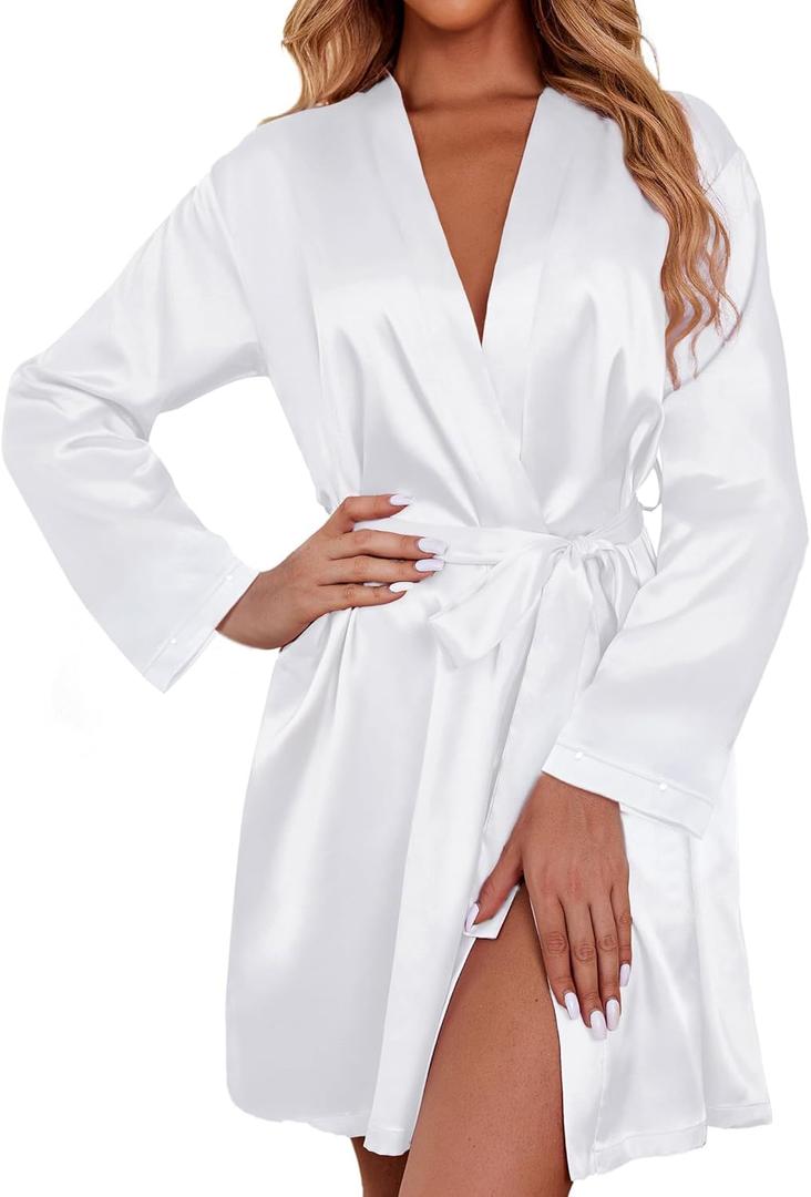 Ekouaer Women's Satin Robe Short Bridesmaid Bride Feather Bridal Robe Kimono Silky Long Sleeve Bathrobe S-XXL (XXL)