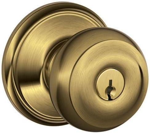 SCHLAGE F51A GEO 609 Georgian Knob Keyed Entry Lock, Antique Brass