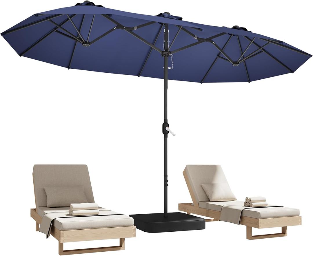 DomeShade 15ft Patio Umbrella with Base,Large Outdoor Double-Sided Rectangle Umbrella with Crank Handle, Market Umbrella for Poolside Garden Deck Backyard Beach Pools, Navy Blue