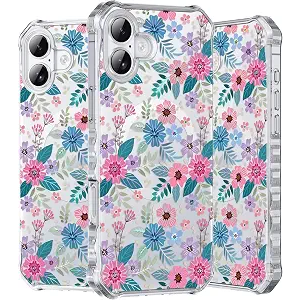Hocase for iPhone 16 Plus Case, with [Curly Wave Edge & Shiny Design] [Compatible with MagSafe] [Reinforced Corners] Slim Fit Shockproof Protective Phone Case - Purple Pink Flowers