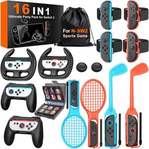Switch 2 Sports Accessories Bundle – 16 in 1 Family Party Kit for Nintendo Switch 2 Only, with Golf Clubs, Tennis Rackets, Steering Wheels, Wrist & Leg Straps, Grips, Card Case & Storage Bag